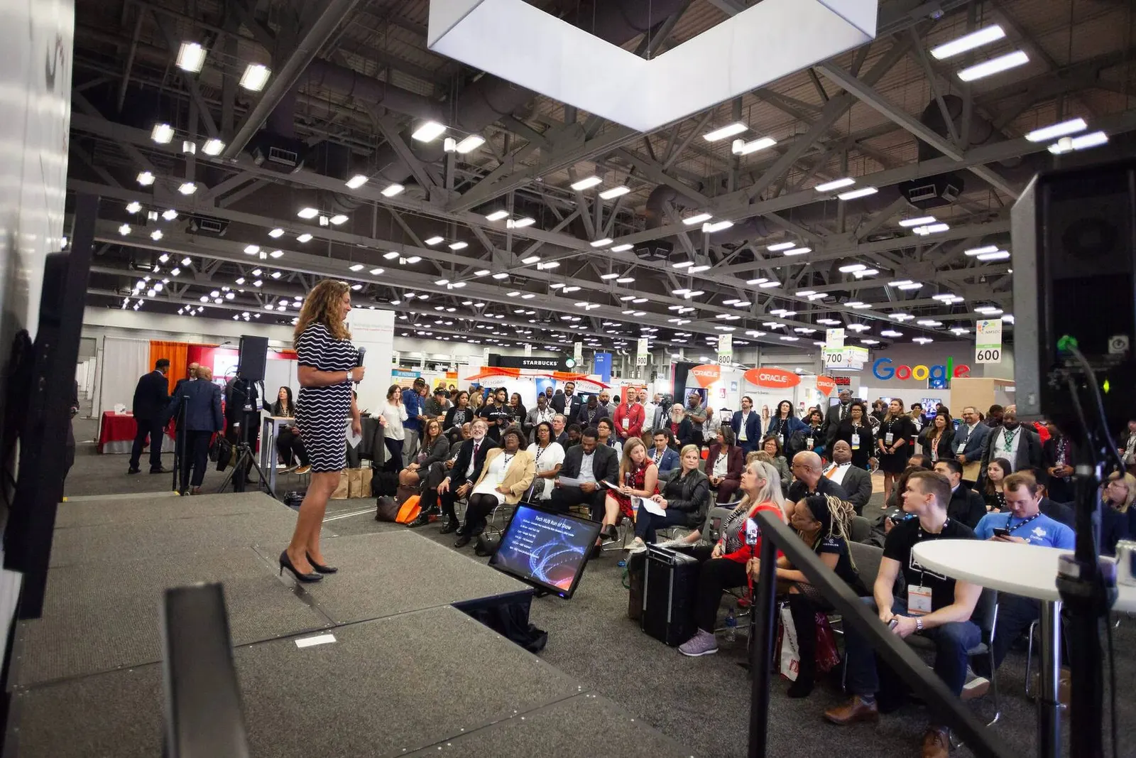 Wide view of a crowded trade show expo hall floor at the NMSDC Level Up event, photographed by Marquee Visuals.