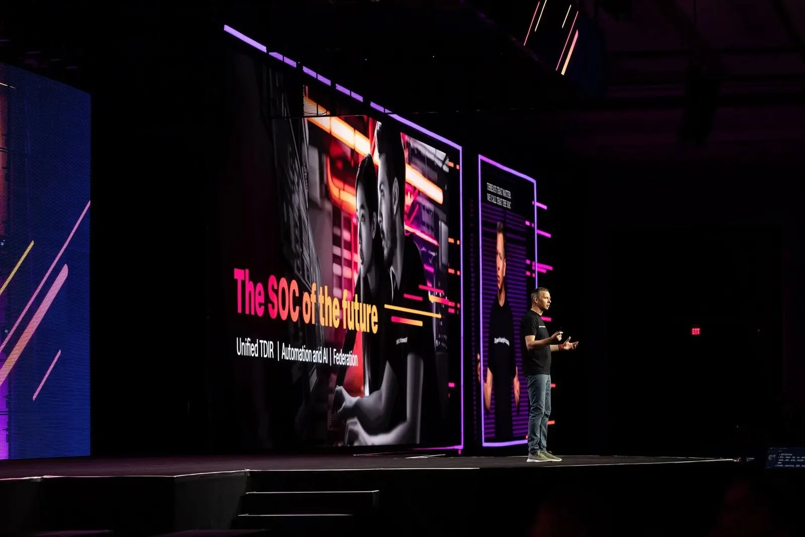 Conference stage with a presentation screen reading 'The SOC of the future' at a Splunk event, photographed by Marquee Visuals.