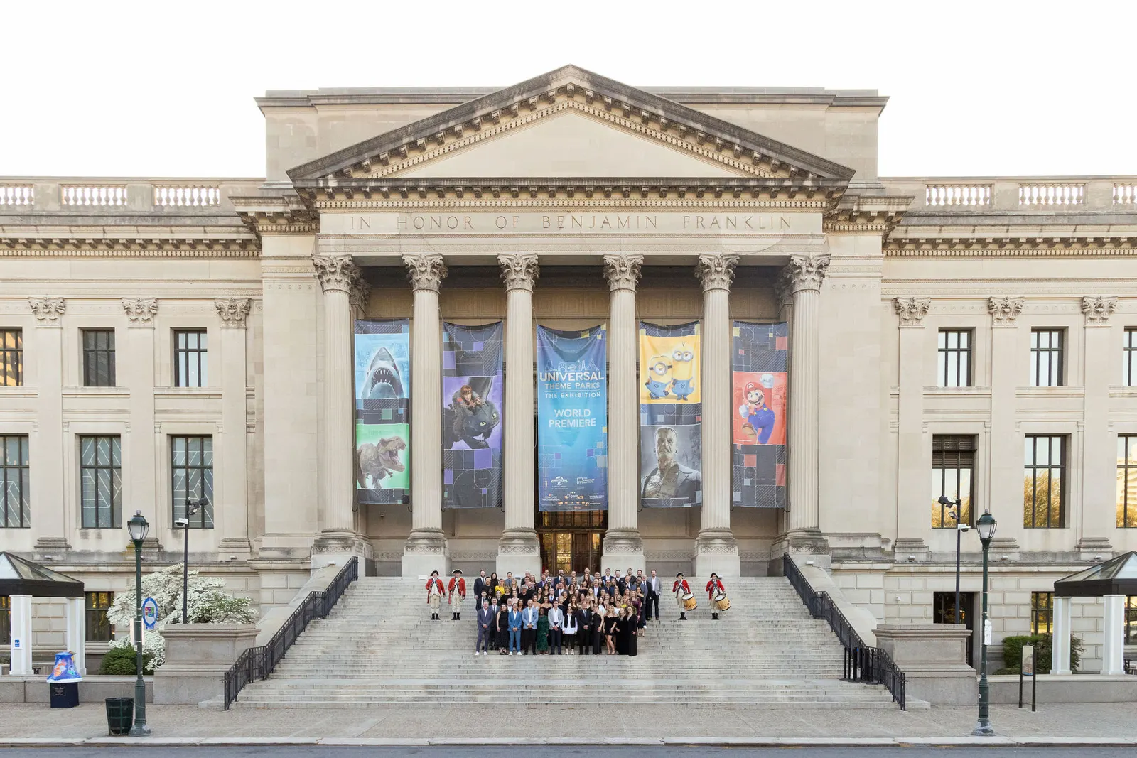 Large group photo of attendees outside a columned museum building at the Tiger Gala 2026, photographed by Marquee Visuals.